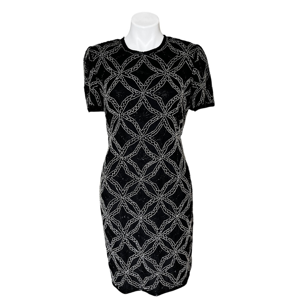 Vintage Papell Boutique Black Silver beaded silk evening dress size 8